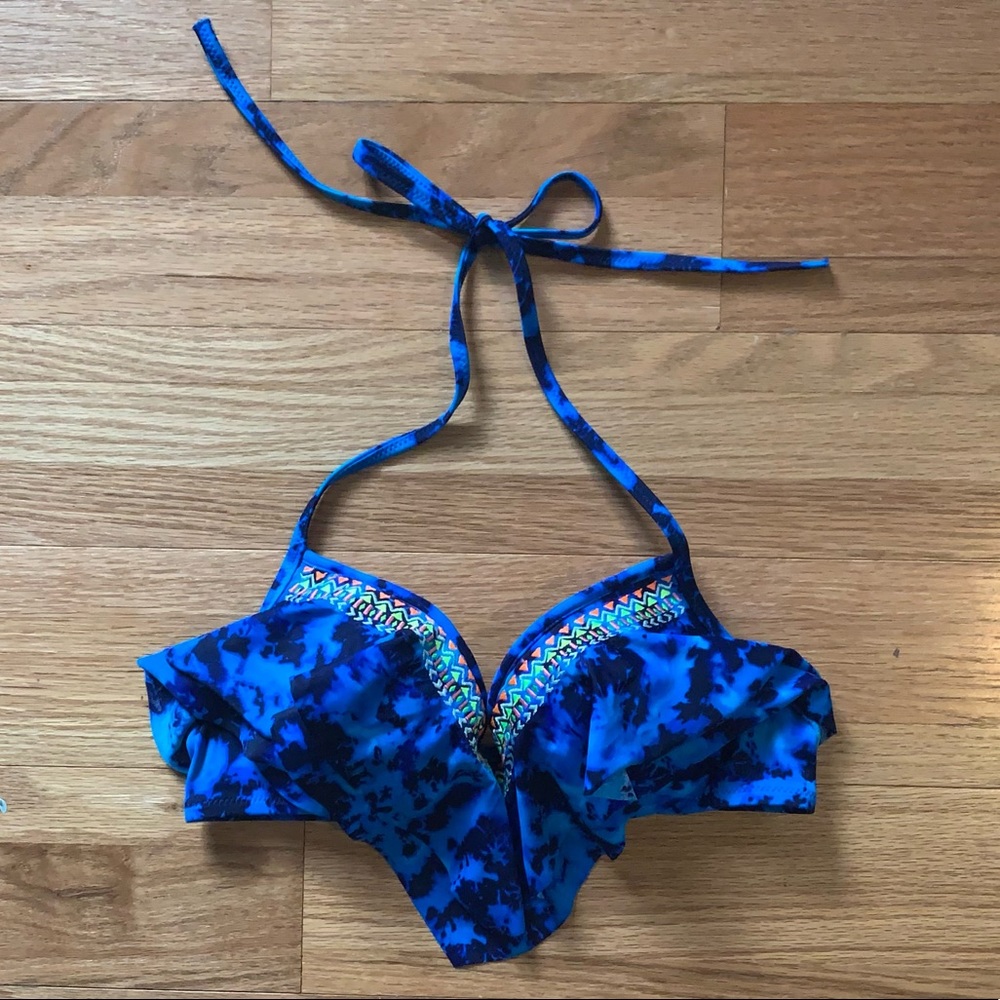 NWOT - VS PINK Blue Tie-Dye Aztec Pattern Push-Up Underwire Bikini Top. Size S.